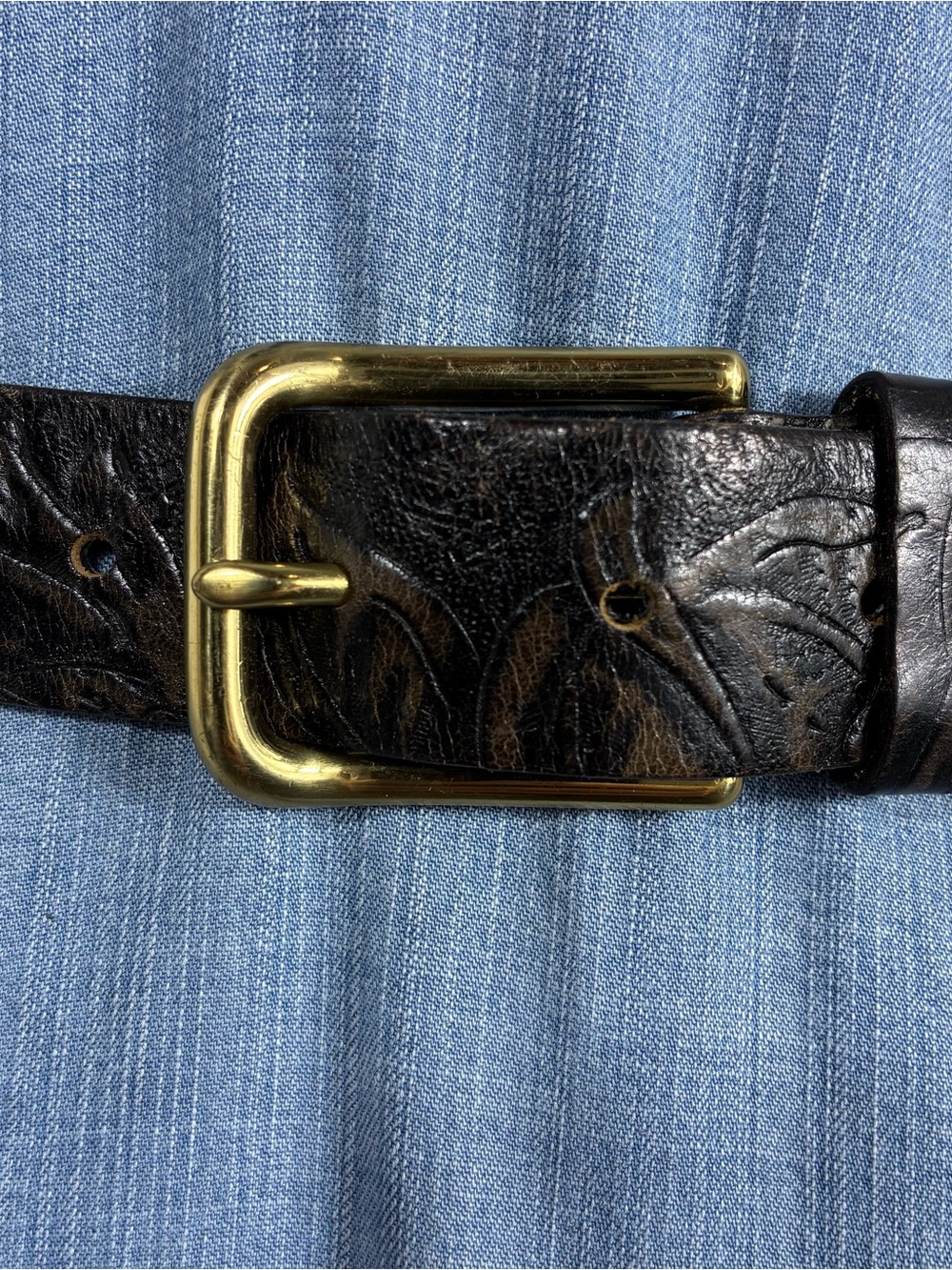 Trafalgar Womens belt  embossed chocolate brown leather brass buckle 43” long